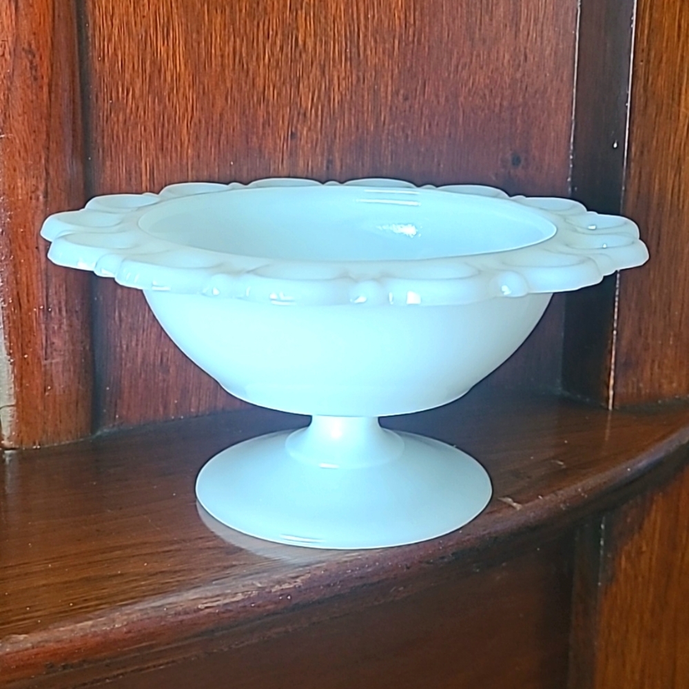 Vintage White Milk Glass scalloped lace edge pedestal candy dish